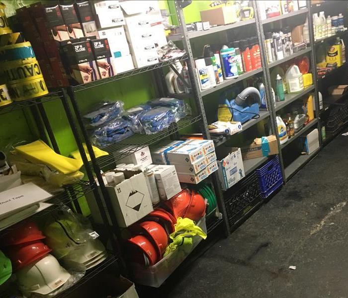 cleaning supplies on shelves